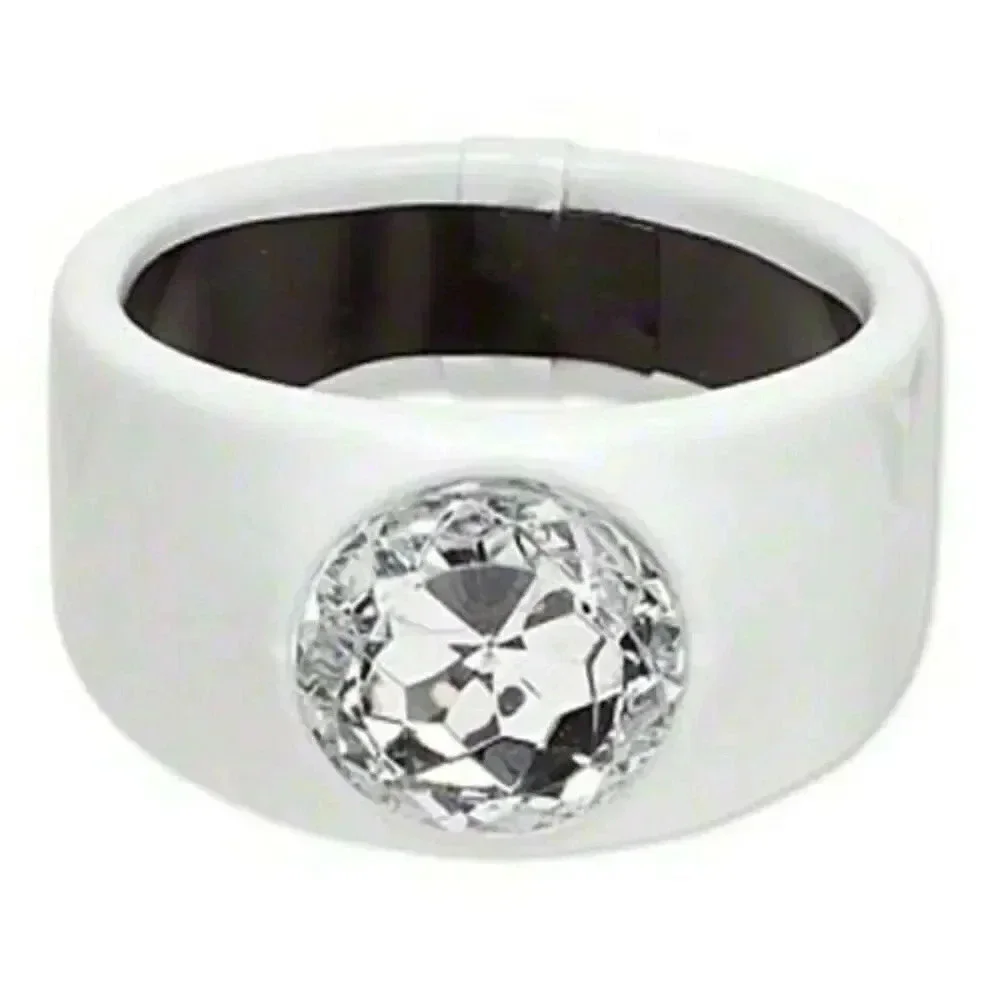 Slick White PU Vinyl Rhinestone Chunky Mod Retro Wide Statement Bangle Bracelet